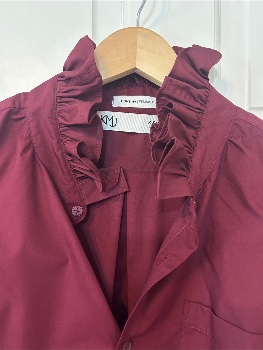 KMJ Kate McHale Jensen Bontina Wine Burgundy Ruffle Collar Button-Up Shirt XS - Picture 3 of 5